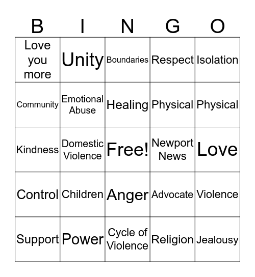 Domestic Violence Bingo Card