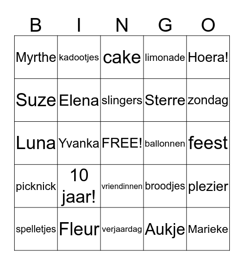 Verjaardagsfeest Myrthe!!!!! Bingo Card