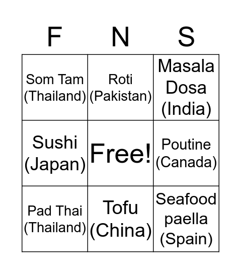 D&I Cultural Food BINGO Card