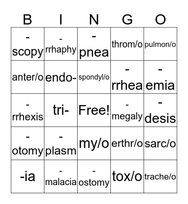 Medical Terminology Bingo Card
