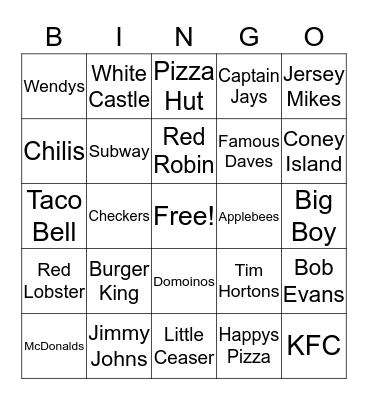 Restaurant Bingo Card