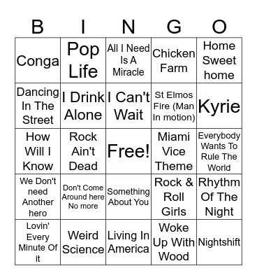 80s hits Bingo Card