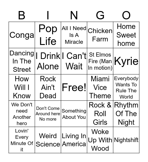 80s hits Bingo Card