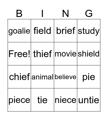 Spelling Bingo Card