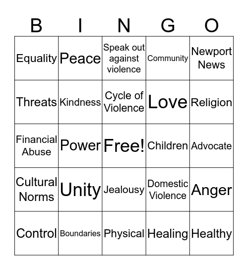 Domestic Violence Bingo Card