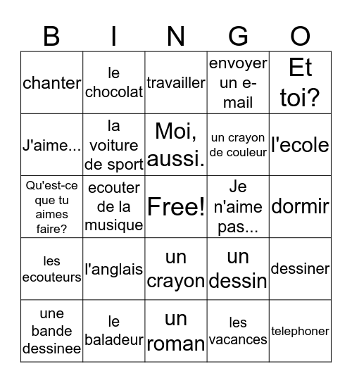 Chapitre 2 French 1 Bingo Card
