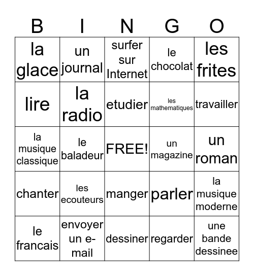 Chapitre 2 Francais 1 Bingo Card