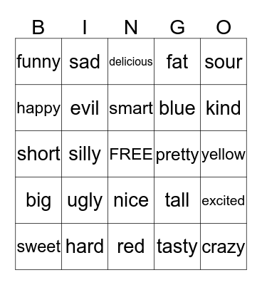 Adjective Bingo Card