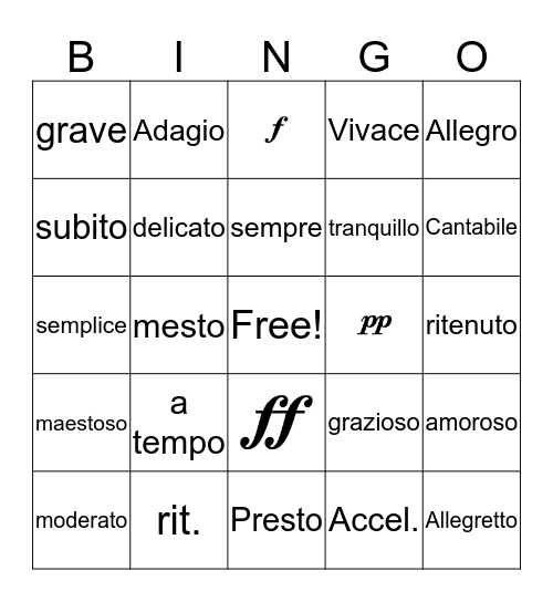 Music Performance Bingo Card
