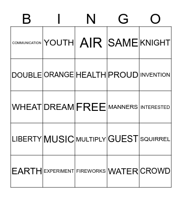 Vocabulary BINGO Card