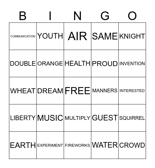 Vocabulary BINGO Card