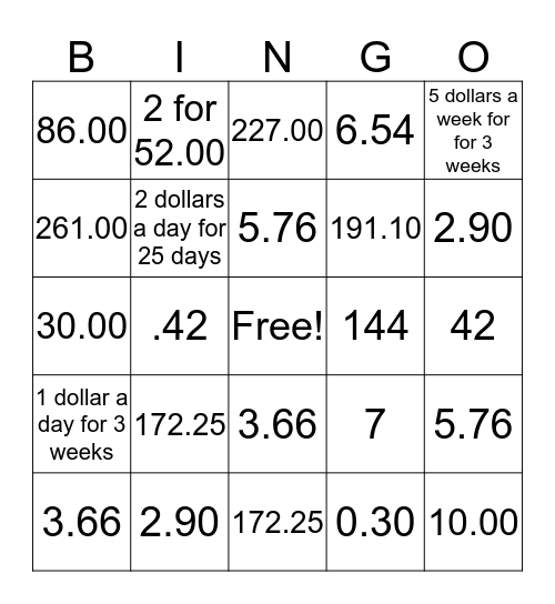 Financial Literacy - Class 1 Bingo Card