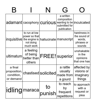 Setting Vocabulary Bingo Card