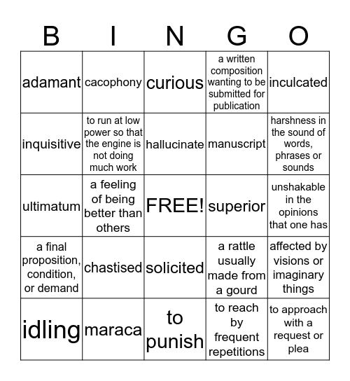 Setting Vocabulary Bingo Card