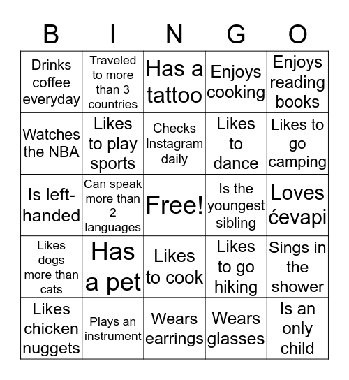 Getting to Know You! Bingo Card