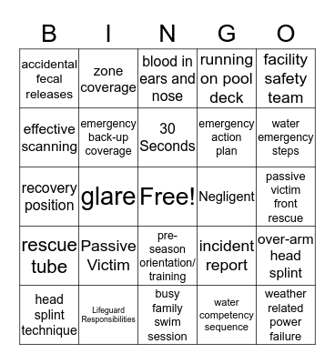 Lifeguarding Skills Bingo Card