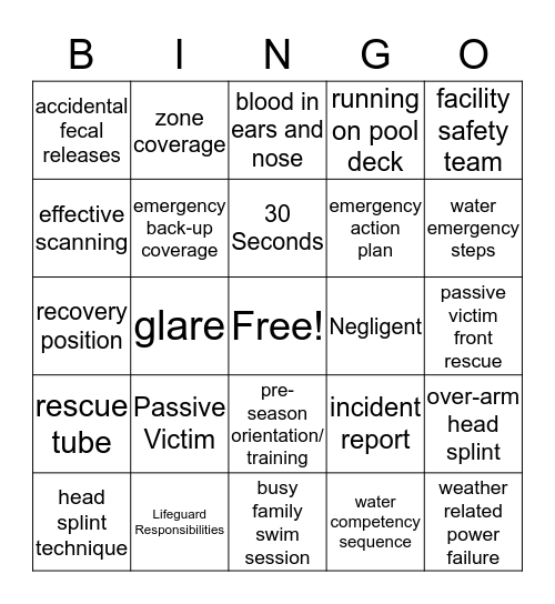 Lifeguarding Skills Bingo Card