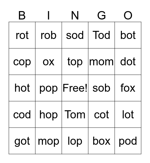 short o Bingo Card
