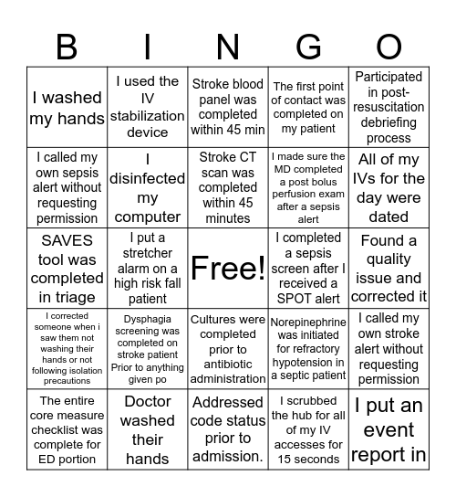 ED Quality Bingo Card