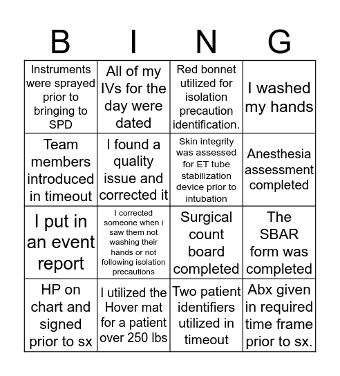 SS Quality Bingo Card