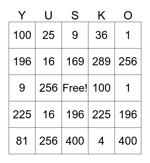 Squared Numbers Bingo Card