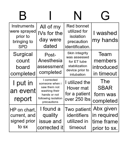 SS Quality Bingo Card