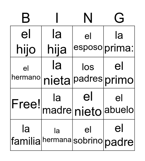 Los miembros de la familia Bingo Card