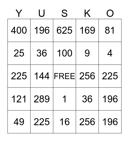 Square Numbers Bingo Card