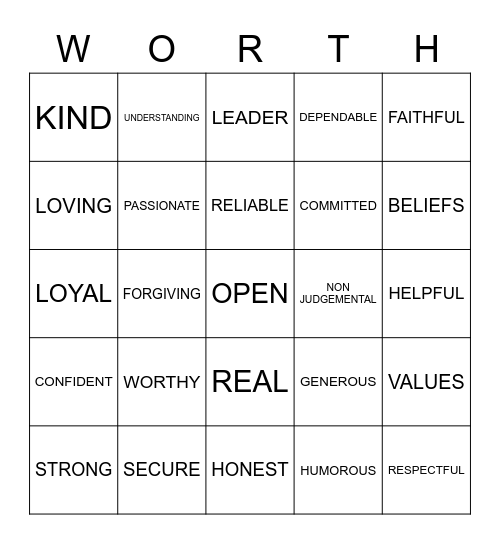 I'M WORTHY Bingo Card