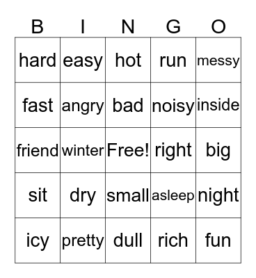 Antonym Bingo Card