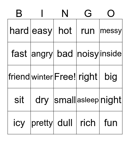 Antonym Bingo Card