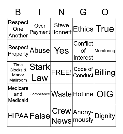 Compliance Bingo Card