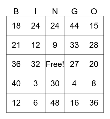 Math BINGO 3s and 4s Multiplication Bingo Card