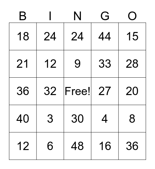Math BINGO 3s and 4s Multiplication Bingo Card