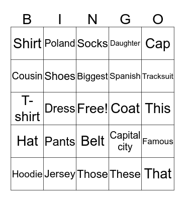 Clothes and Extras Bingo Card