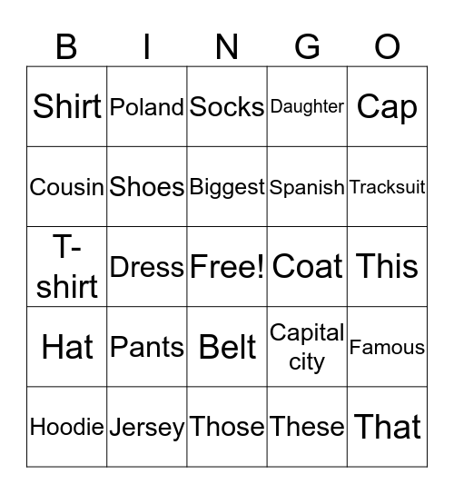 Clothes and Extras Bingo Card