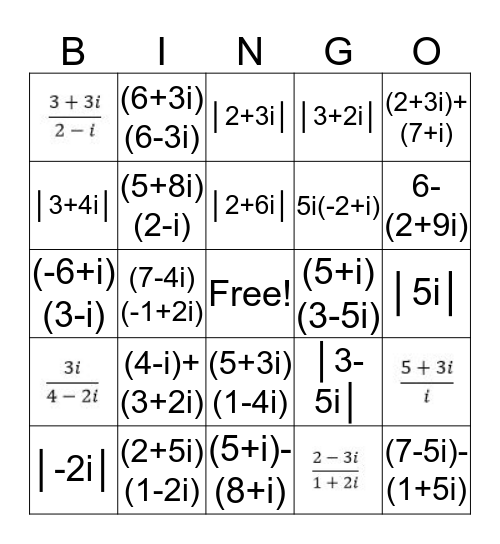Complex Number Bingo Card