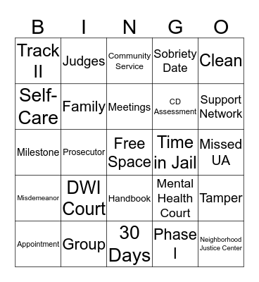 Treatment Court Bingo Card