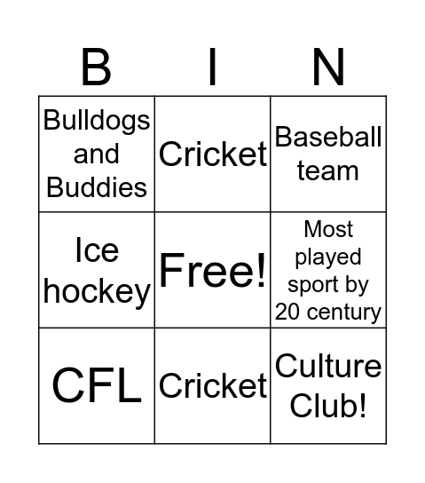 Sports in Canada  Bingo Card