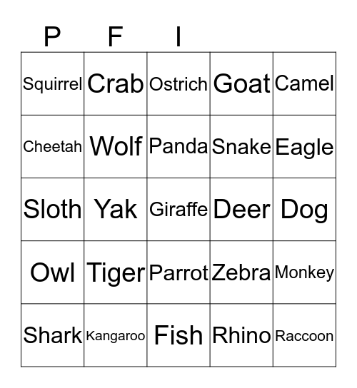 Animals Bingo Card