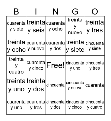 Los Numeros 31-60 Bingo Card