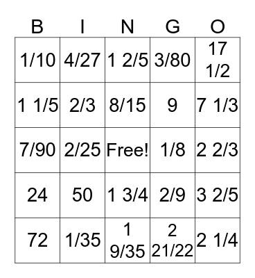 Complex Fraction Bingo Card