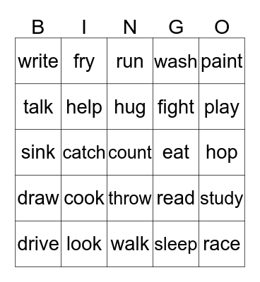 Verbs in English Bingo Card