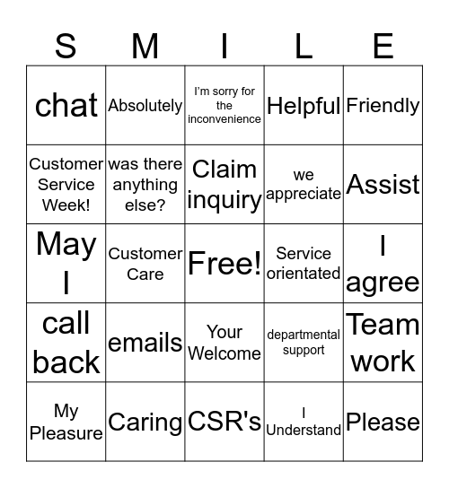 Customer Service Week Bingo Card
