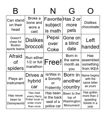 Getting to Know You Bingo Card