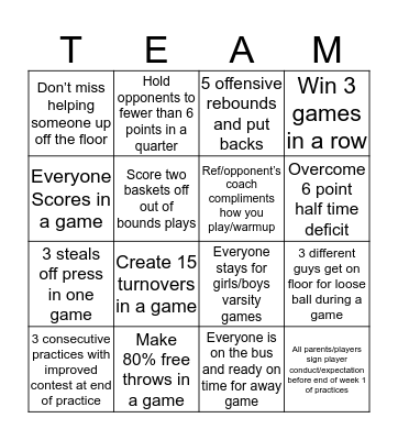 JV Men's Basketball Team Bingo Card
