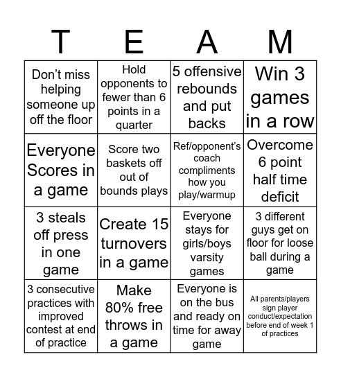 JV Men's Basketball Team Bingo Card