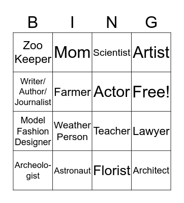 When I Grow Up! 10/18/19 Bingo Card