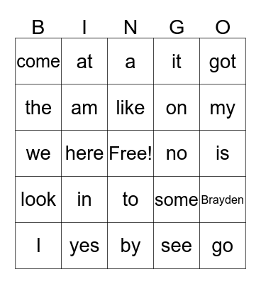 Sight Words Bingo  Bingo Card