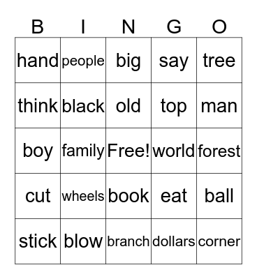 Sight Words Bingo Card